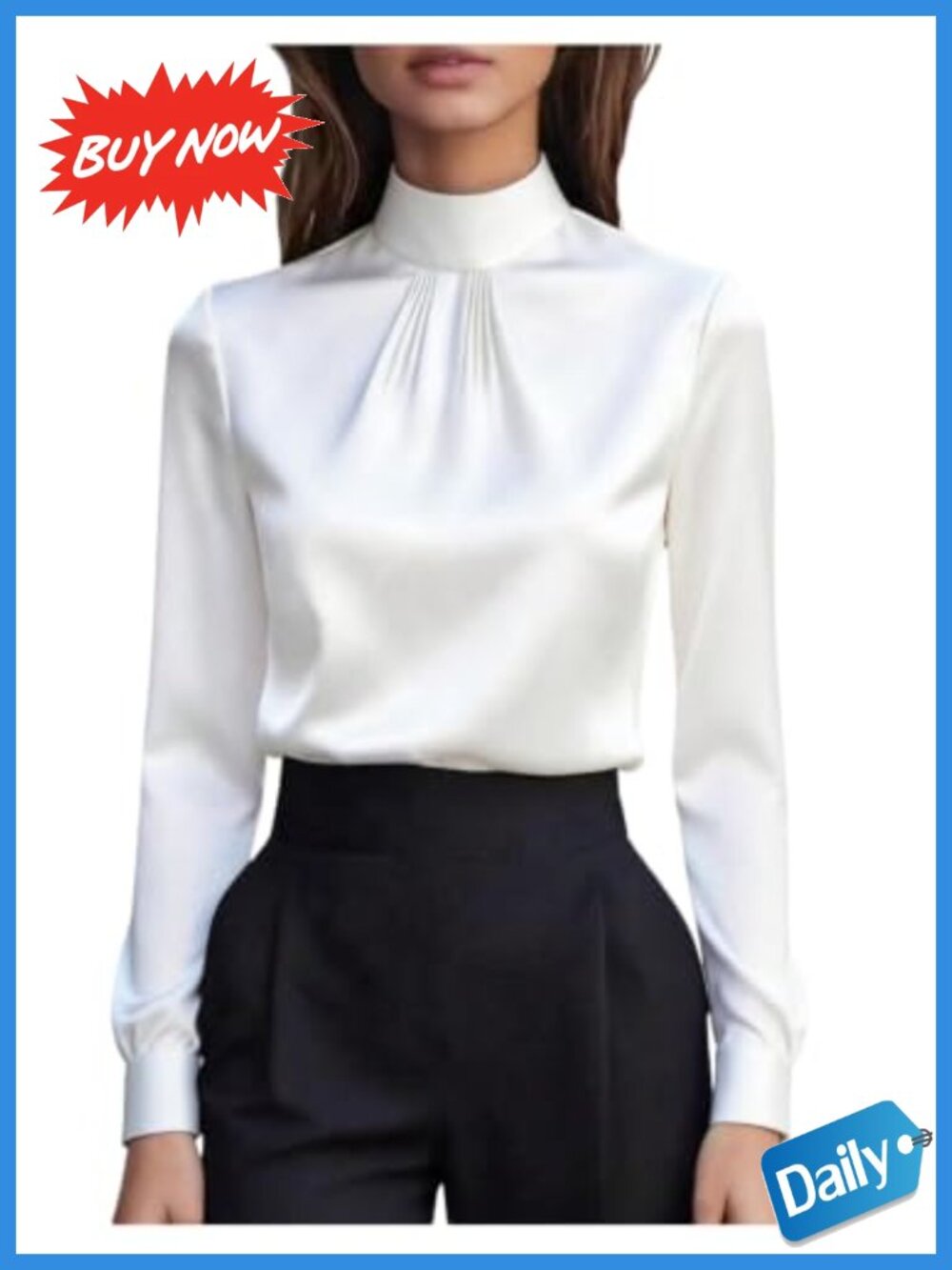 Satin Long Sleeve Mock Neck Blouse Pleated Front Dressy Office Top